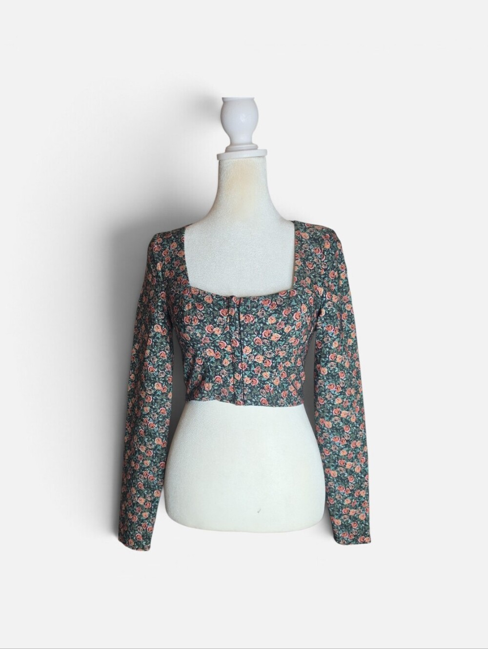 Zara Green Floral Square-Neck Long Sleeve Crop Top